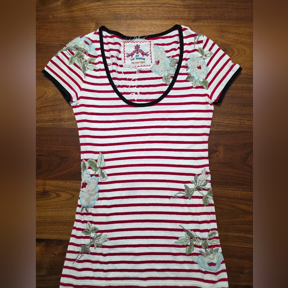 Johnny Was XS Ladies Striped Floral Embroidered Top Red White Black